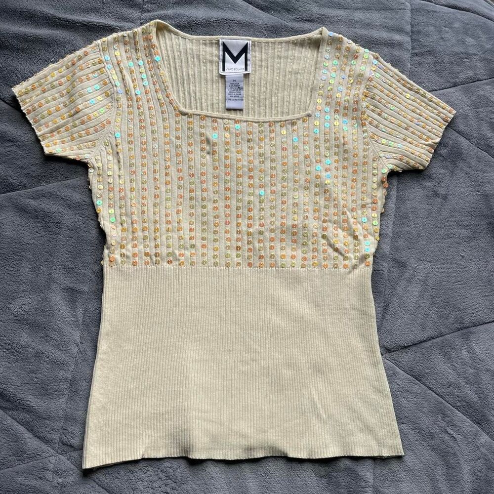 Vintage Y2 Marc Bouwer Sequin Square Neck Short Sleeve Yellow Sweater Top Sz M
